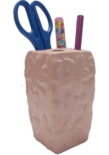 2 Adet Kalemlik Çiçekli Pembe Model Seramik Ofis Gereci 7X7X12CM modelleri