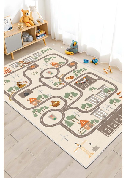 Makinede Yıkanabilir Kaymaz Taban Leke Tutmaz Yol Desenli Çocuk Odası Halısı Oyun Halısı