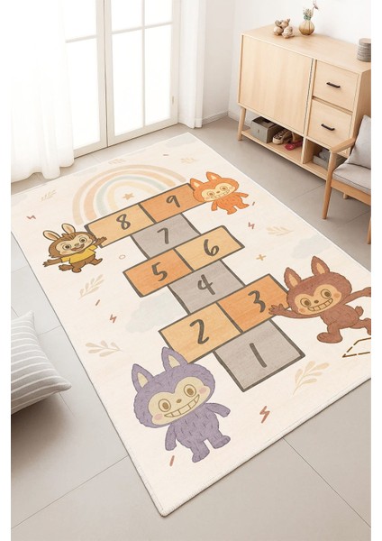Makinede Yıkanabilir Kaymaz Taban Leke Tutmaz Seksek Desenli Çocuk Odası Halısı Oyun Halısı