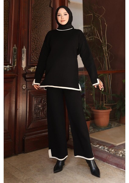 Yırtmaç Detaylı Triko Takım Siyah 6152