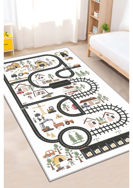 Makinede Yıkanabilir Kaymaz Taban Leke Tutmaz Yol Desenli Çocuk Odası Halısı Oyun Halısı