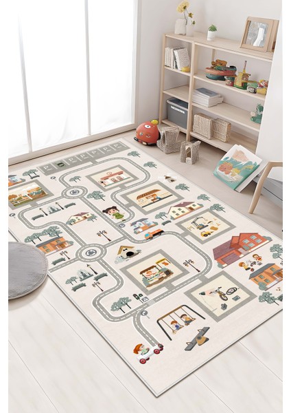 Makinede Yıkanabilir Kaymaz Taban Leke Tutmaz Yol Desenli Çocuk Odası Halısı Oyun Halısı