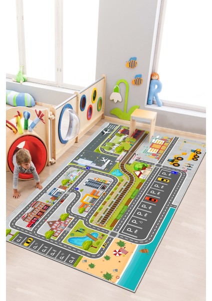 Makinede Yıkanabilir Kaymaz Taban Leke Tutmaz Yol Desenli Çocuk Odası Halısı Oyun Halısı
