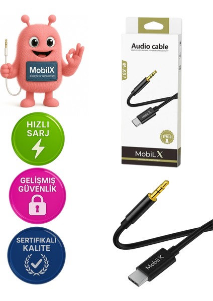 Mobilx Type-C To 3.5mm Aux Ses Kablosu – 1m, Stereo Destekli, Dayanıklı Örgülü Kablo