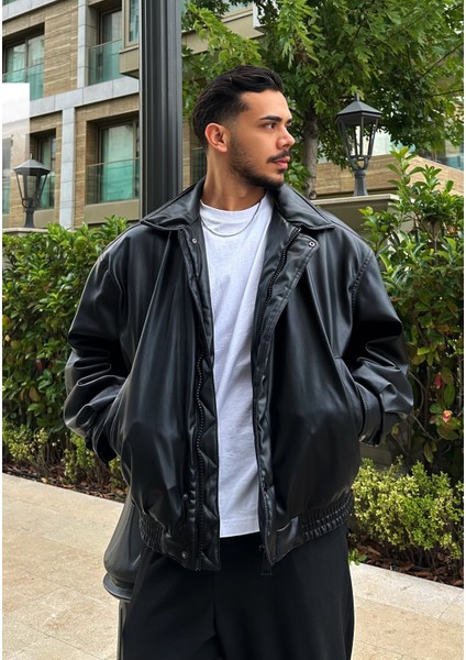 Vintage Erkek Oversize Siyah Deri Ceket