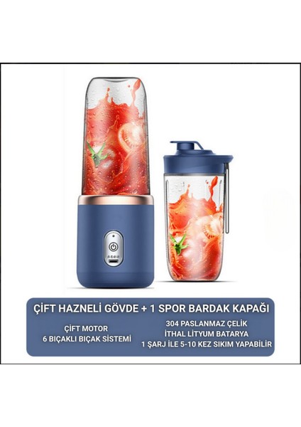 2 Bardaklı 6 Bıçaklı Çift Motorlu Ultra Güçlü Şarjlı Taşınabilir Smoothie Blender, Detoks Hazırlama Mikseri fırsatları