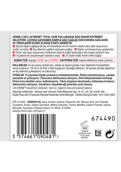 Ağız Bakım Suyu 500 ml - Total Care, 6 Etkili Koruma, Plak ve Çürük Önleyici, Ferahlatıcı Nane Aroması