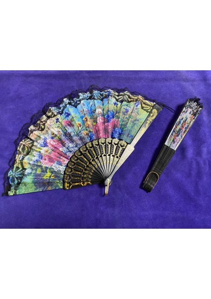 Plastik Mavi Çiçek Desenli Dantelli Yelpaze - 1 Adet, Parti ve Özel Günler İçin Aksesuar