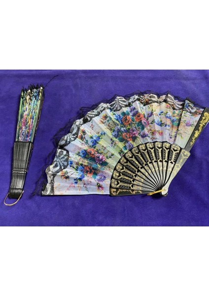 Plastik Mavi Çiçek Desenli Dantelli Yelpaze - 1 Adet, Parti ve Özel Günler İçin Aksesuar