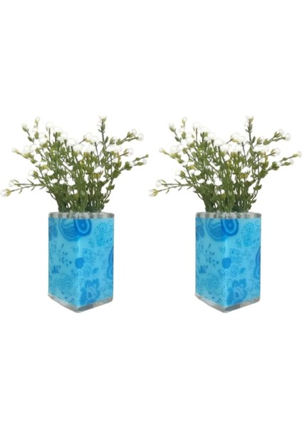 2 Adet Vazo Dahil,vazoda Çiçek,beyaz Yapay Çiçek,vazo Dekoratif Mavi 7X7X17CM