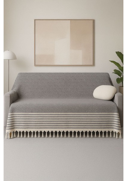 Alora – Pamuklu Püsküllü Örtü, Geometrik Desenli Koltuk ve Yatak Şalı 220X180 cm