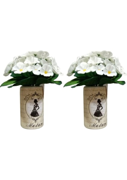 2 Adet Vazo Dahil,vazoda Çiçek,beyaz Yapay Çiçek,vazo Dekoratif Madam Desenli 7X7X16CM