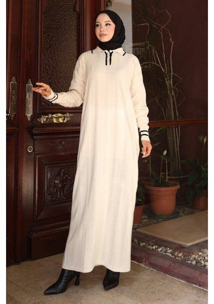 Düğme Detaylı Triko Elbise Beyaz 6153