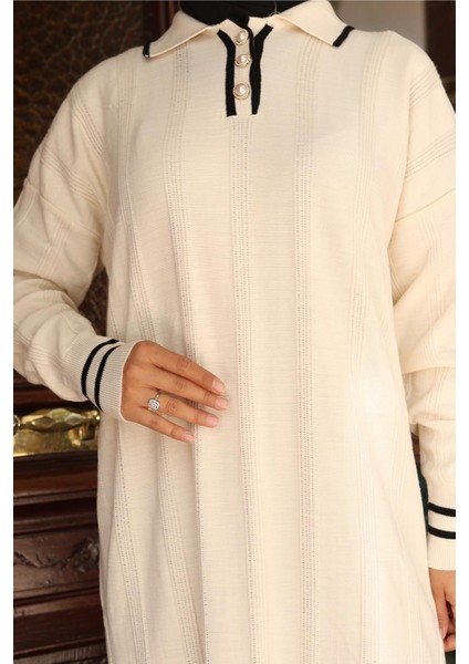 Düğme Detaylı Triko Elbise Beyaz 6153 fiyatları