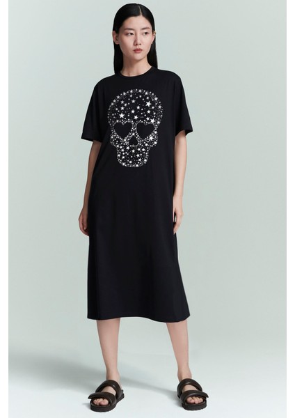 Yıldızlı Kurukafa Siyah Bisiklet Yaka Kısa Kollu Penye Uzun Elbise