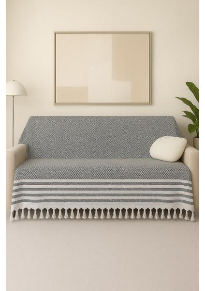 Mira – Pamuklu Püsküllü Örtü, Geometrik Desenli Koltuk ve Yatak Şalı 220X180 cm