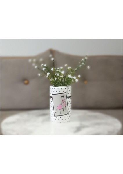 2 Adet Vazo Dahil,vazoda Çiçek,beyaz Yapay Çiçek,vazo Dekoratif Pembe Elbiseli Kadın 7X7X16CM