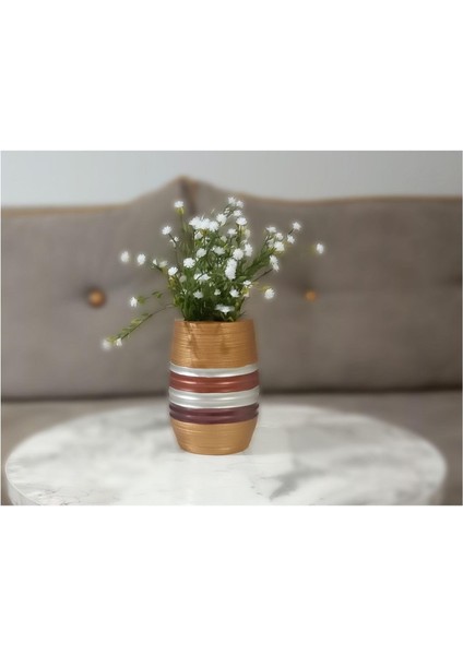 2 Adet Vazo Dahil,vazoda Çiçek,beyaz Yapay Çiçek,vazo Dekoratif Metalik Kahve Poliresin 6X6X17CM