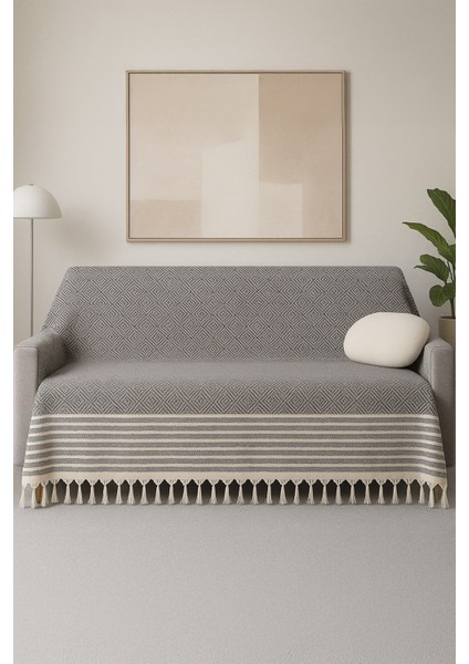 Alora – Pamuklu Püsküllü Örtü, Geometrik Desenli Koltuk ve Yatak Şalı 220X180 cm