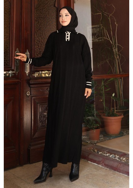 Düğme Detaylı Triko Elbise Siyah 6153