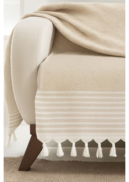 Alora – Pamuklu Püsküllü Örtü, Geometrik Desenli Koltuk ve Yatak Şalı 220X180 cm