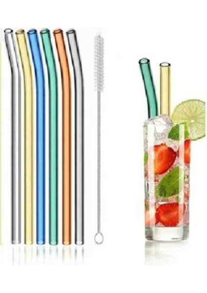 6'lı Renkli Cam Eğimli Isıya Dayanıklı (Borosilikat) Pipet ve 1 Adet Pipet Temizleme Fırçası