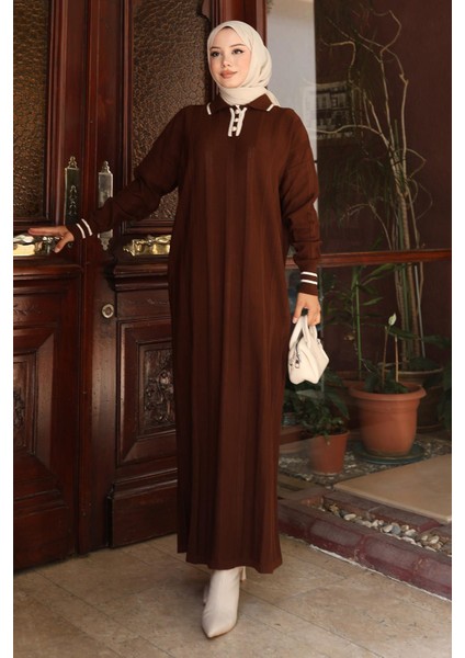 Düğme Detaylı Triko Elbise Kahverengi 6153