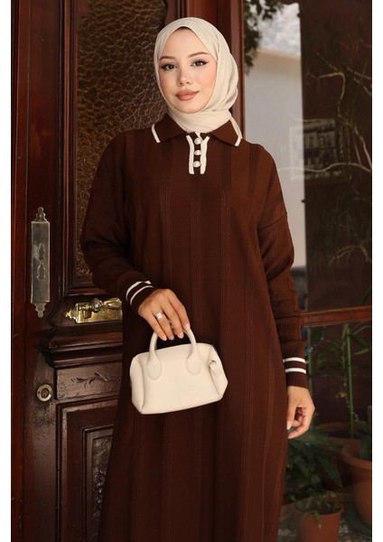 Düğme Detaylı Triko Elbise Kahverengi 6153 fiyatları