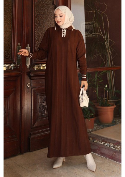 Düğme Detaylı Triko Elbise Kahverengi 6153 modelleri