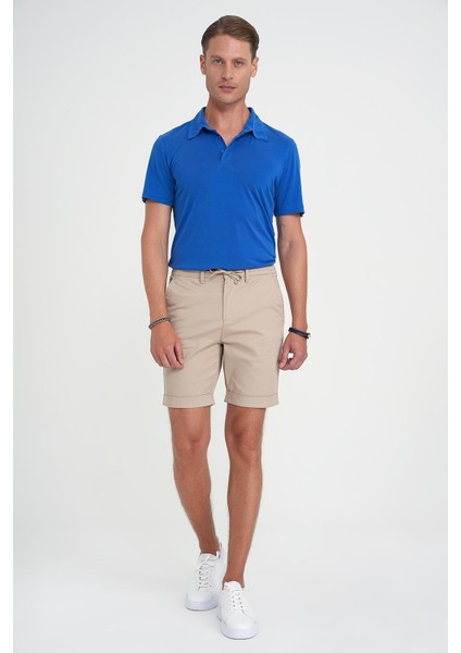 Comfort Fit Bağcıklı ve Lastikli Bel Esnek Pamuk Casuel Bej Şort Bermuda 036