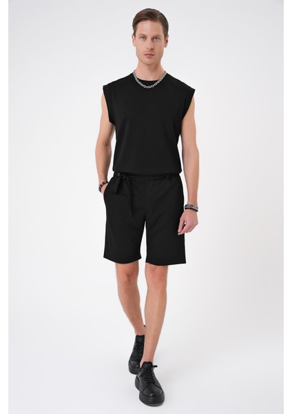 Bermuda 035 Comfort Fit Bağcıklı Bel Viskon Karışımlı Casuel Siyah Şort