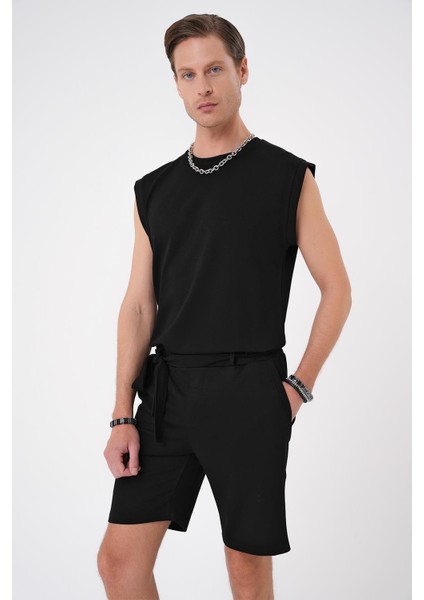 Bermuda 035 Comfort Fit Bağcıklı Bel Viskon Karışımlı Casuel Siyah Şort fiyatları