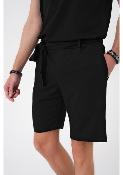 Bermuda 035 Comfort Fit Bağcıklı Bel Viskon Karışımlı Casuel Siyah Şort fırsatları