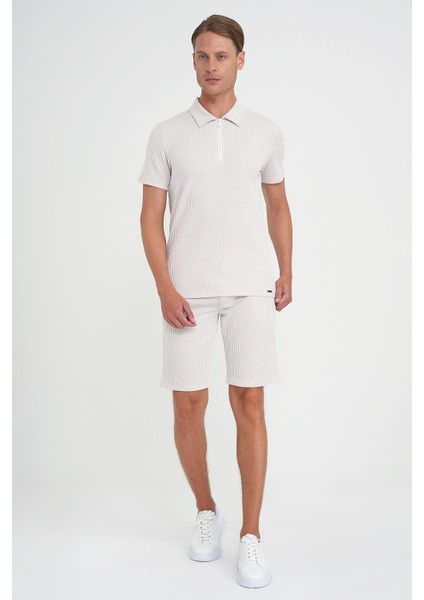 Comfort Fit Bağcıklı Bel Çizgili Pamuk Casuel Bej Şort Bermuda 038