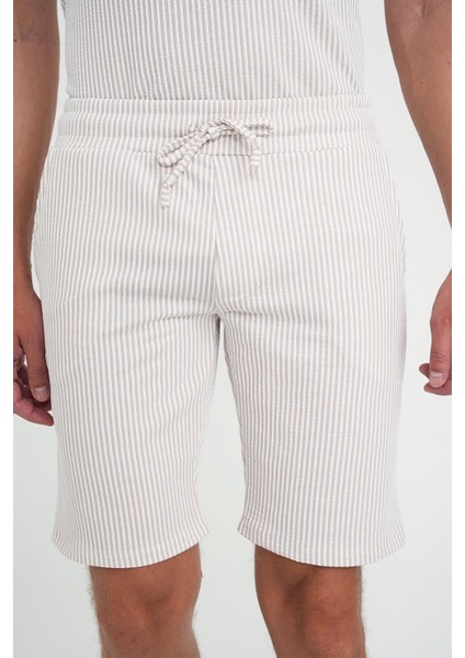 Comfort Fit Bağcıklı Bel Çizgili Pamuk Casuel Bej Şort Bermuda 038 modelleri