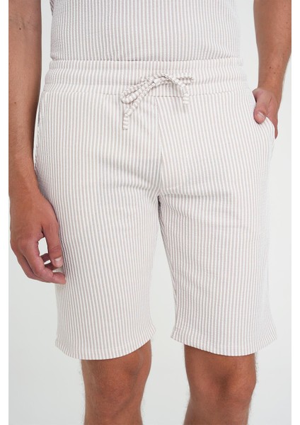 Comfort Fit Bağcıklı Bel Çizgili Pamuk Casuel Bej Şort Bermuda 038 fırsatları