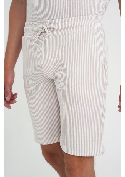 Comfort Fit Bağcıklı Bel Çizgili Pamuk Casuel Bej Şort Bermuda 038 indirimleri