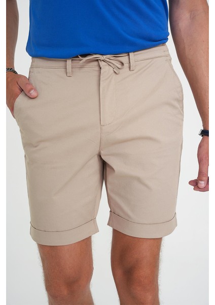 Comfort Fit Bağcıklı ve Lastikli Bel Esnek Pamuk Casuel Bej Şort Bermuda 036 modelleri