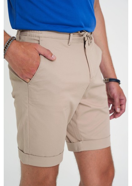 Comfort Fit Bağcıklı ve Lastikli Bel Esnek Pamuk Casuel Bej Şort Bermuda 036 fırsatları