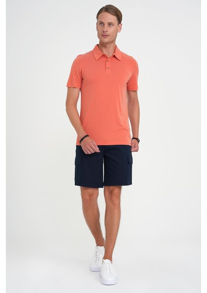 Comfort Fit Beli Kemerli Kargo Cep Pamuk Casuel Lacivert Şort Bermuda 039