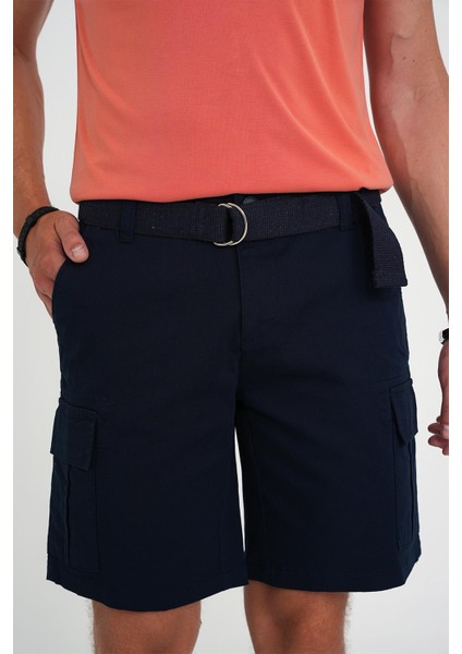 Comfort Fit Beli Kemerli Kargo Cep Pamuk Casuel Lacivert Şort Bermuda 039 fiyatları