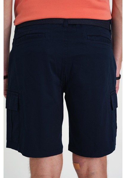 Comfort Fit Beli Kemerli Kargo Cep Pamuk Casuel Lacivert Şort Bermuda 039 indirimleri