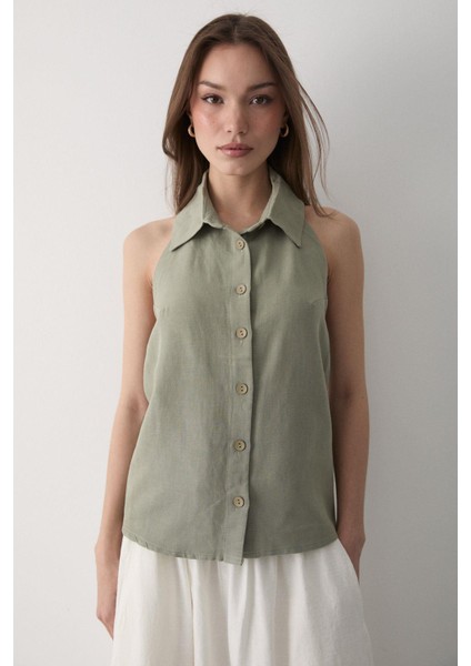 Kadın Yakalı Sıfır Kol Sırt Kısmı Acık Lastikli Keten Bluz