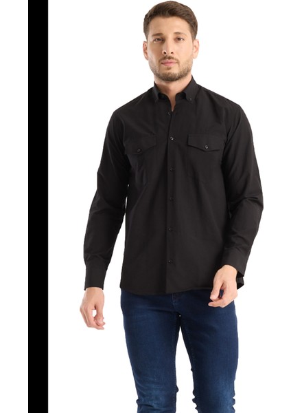 Erkek Gömlek Siyah Uzun Kollu Pamuklu Düz Çift Cepli Rahat Günlük Şık Klasik Model