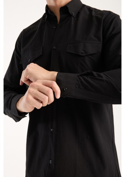Erkek Gömlek Siyah Uzun Kollu Pamuklu Düz Çift Cepli Rahat Günlük Şık Klasik Model fiyatları