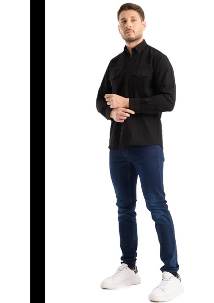 Erkek Gömlek Siyah Uzun Kollu Pamuklu Düz Çift Cepli Rahat Günlük Şık Klasik Model modelleri