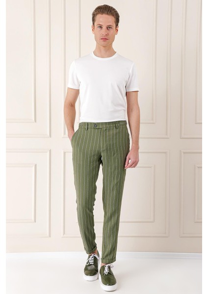 Comfort Fit Yandan Tokalı Çizgili Keten Casuel Haki Pantolon P 1151