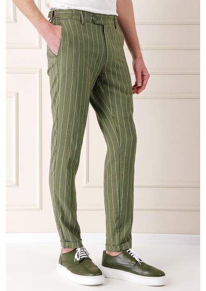 Comfort Fit Yandan Tokalı Çizgili Keten Casuel Haki Pantolon P 1151 modelleri