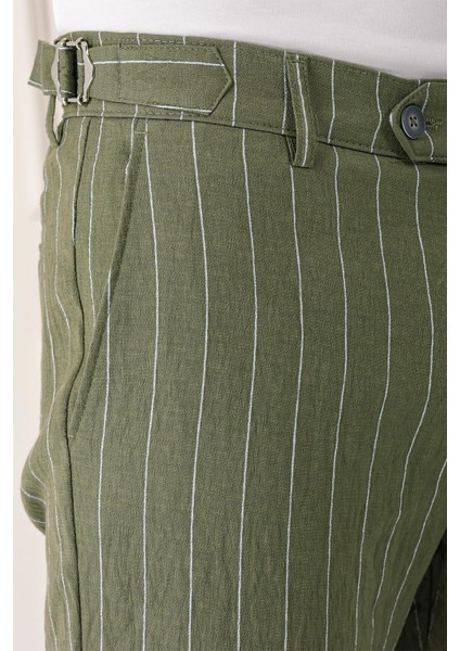 Comfort Fit Yandan Tokalı Çizgili Keten Casuel Haki Pantolon P 1151 fırsatları