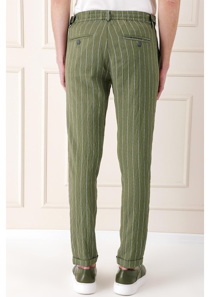 Comfort Fit Yandan Tokalı Çizgili Keten Casuel Haki Pantolon P 1151 indirimleri